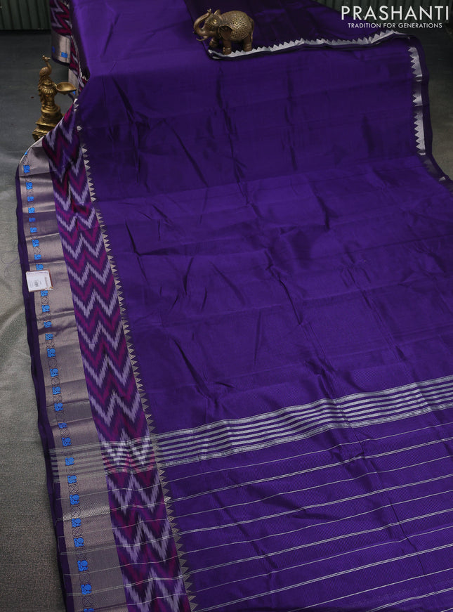 Mangalgiri silk cotton saree violet and rustic orange with plain body and long ikat style silver zari woven border