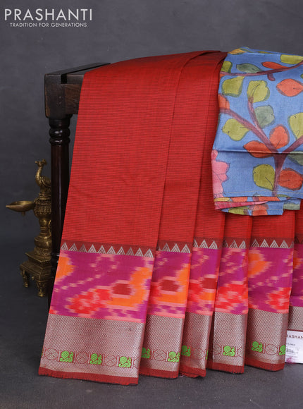 Mangalgiri silk cotton saree kumkum red and bluish grey with plain body and long ikat style silver zari woven border