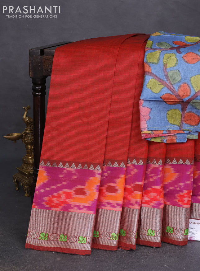 Mangalgiri silk cotton saree kumkum red and bluish grey with plain body and long ikat style silver zari woven border