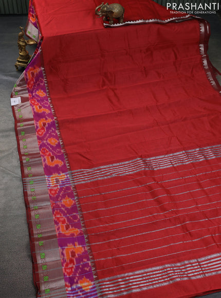 Mangalgiri silk cotton saree kumkum red and bluish grey with plain body and long ikat style silver zari woven border