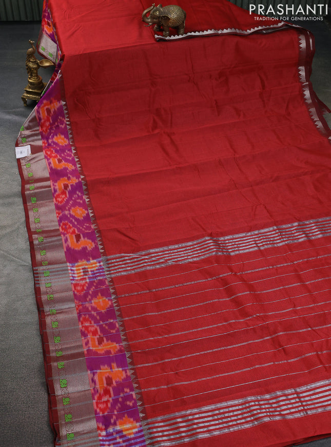 Mangalgiri silk cotton saree kumkum red and bluish grey with plain body and long ikat style silver zari woven border