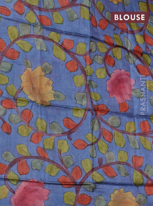 Mangalgiri silk cotton saree kumkum red and bluish grey with plain body and long ikat style silver zari woven border