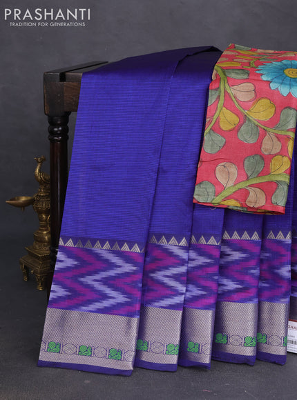 Mangalgiri silk cotton saree blue and maroon with plain body and long ikat style silver zari woven border