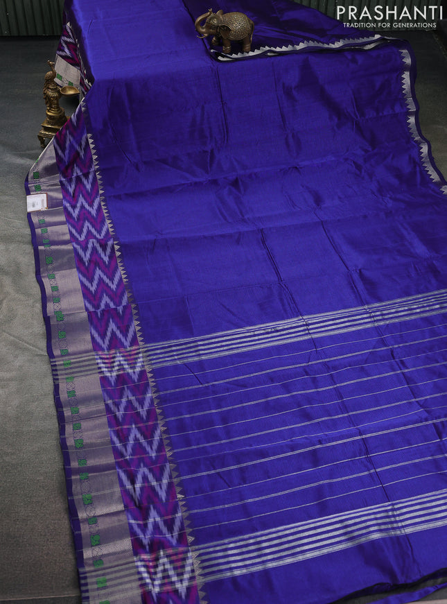 Mangalgiri silk cotton saree blue and maroon with plain body and long ikat style silver zari woven border