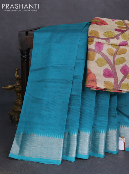Mangalgiri silk cotton saree teal green and grey shade with plain body and silver zari woven border