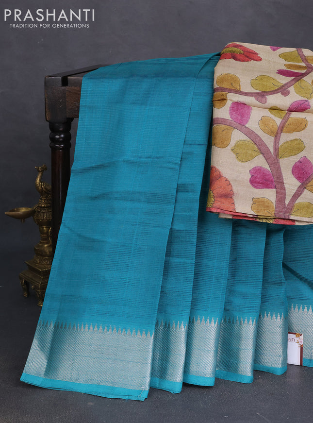 Mangalgiri silk cotton saree teal green and grey shade with plain body and silver zari woven border