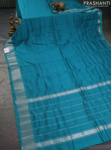 Mangalgiri silk cotton saree teal green and grey shade with plain body and silver zari woven border