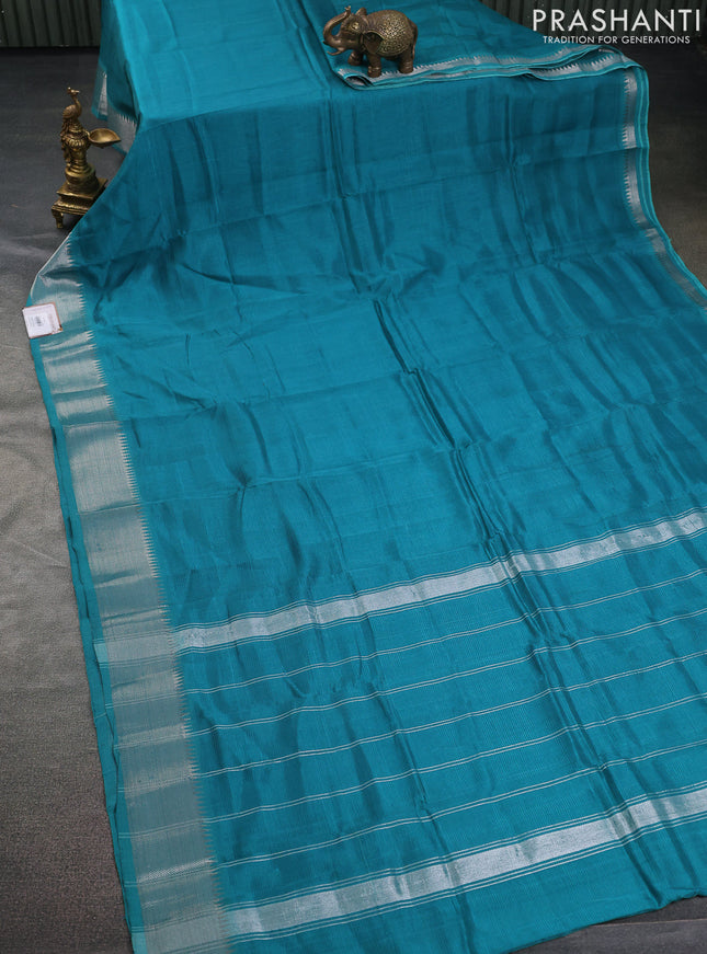 Mangalgiri silk cotton saree teal green and grey shade with plain body and silver zari woven border