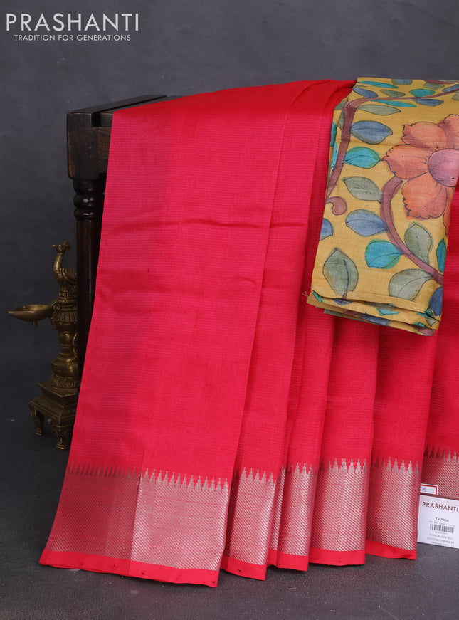 Mangalgiri silk cotton saree pink and mustard yellow with plain body and silver zari woven border