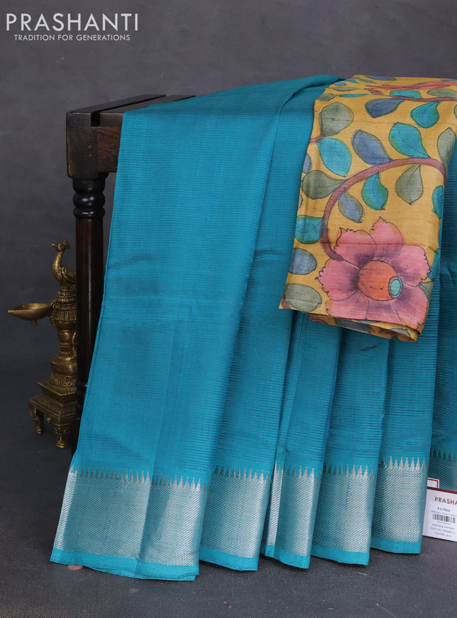 Mangalgiri silk cotton saree teal green and mustard yellow with plain body and silver zari woven border