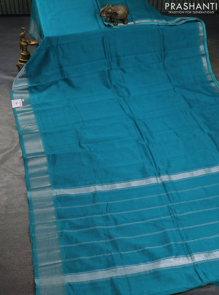 Mangalgiri silk cotton saree teal green and mustard yellow with plain body and silver zari woven border