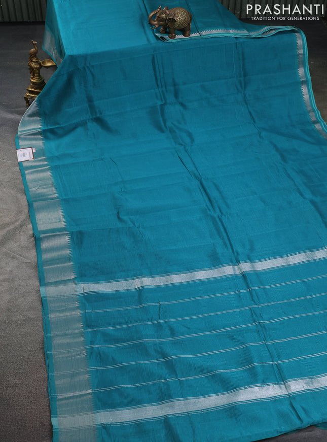 Mangalgiri silk cotton saree teal green and mustard yellow with plain body and silver zari woven border