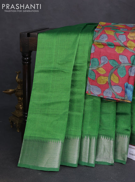 Mangalgiri silk cotton saree green and maroon with plain body and silver zari woven border