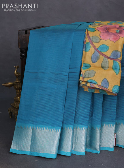 Mangalgiri silk cotton saree peacock green and mustard yellow with plain body and silver zari woven border