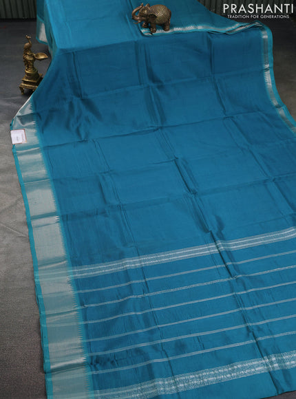 Mangalgiri silk cotton saree peacock green and mustard yellow with plain body and silver zari woven border