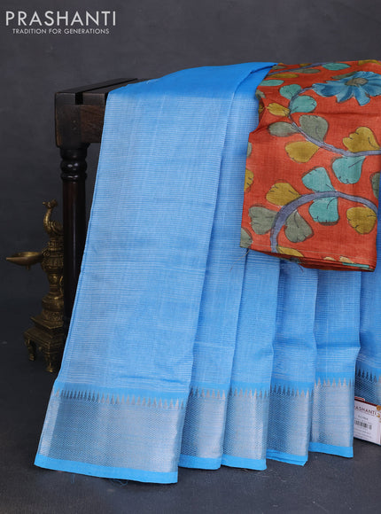 Mangalgiri silk cotton saree light blue and rustic orange with plain body and silver zari woven border