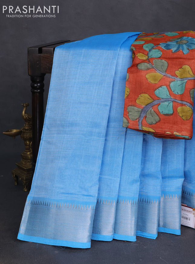 Mangalgiri silk cotton saree light blue and rustic orange with plain body and silver zari woven border