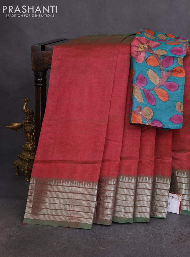 Mangalgiri silk cotton saree dual shade of maroon and green with plain body and silver zari woven border