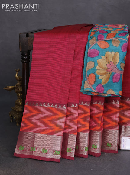 Mangalgiri silk cotton saree maroon and peacock green with plain body and long ikat style zari woven border