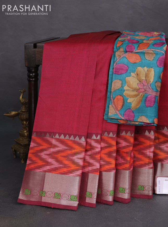 Mangalgiri silk cotton saree maroon and peacock green with plain body and long ikat style zari woven border