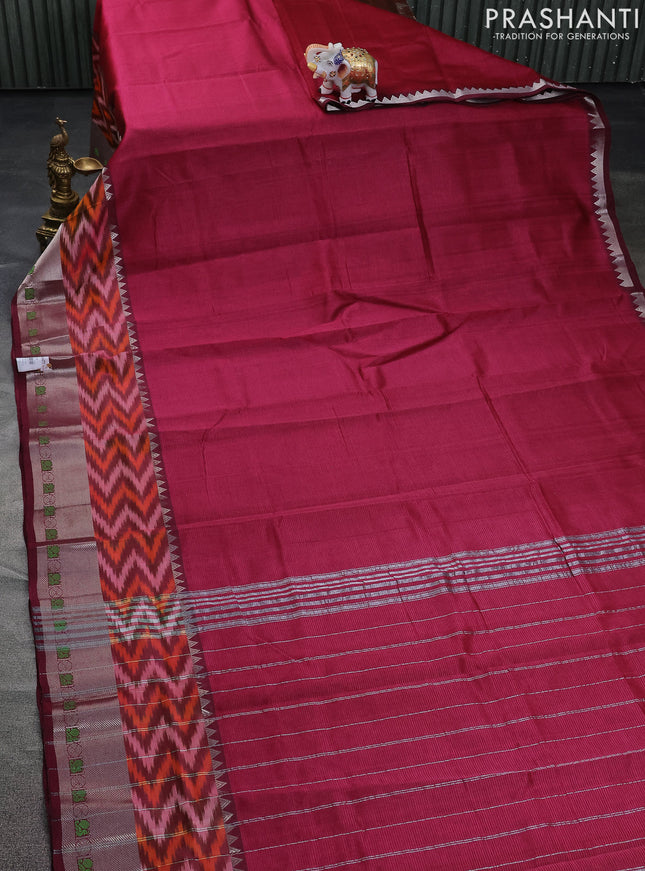 Mangalgiri silk cotton saree maroon and peacock green with plain body and long ikat style zari woven border