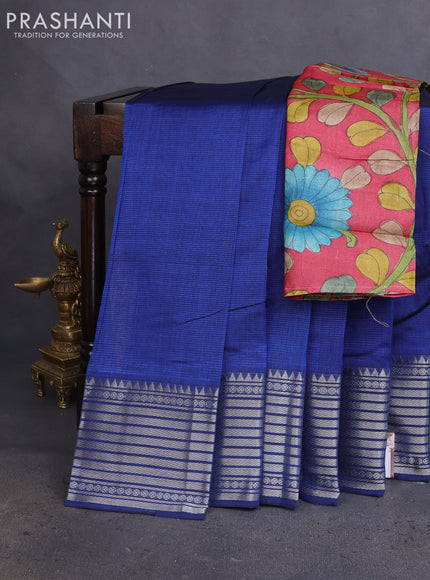 Mangalgiri silk cotton saree blue and maroon with plain body and silver zari woven border