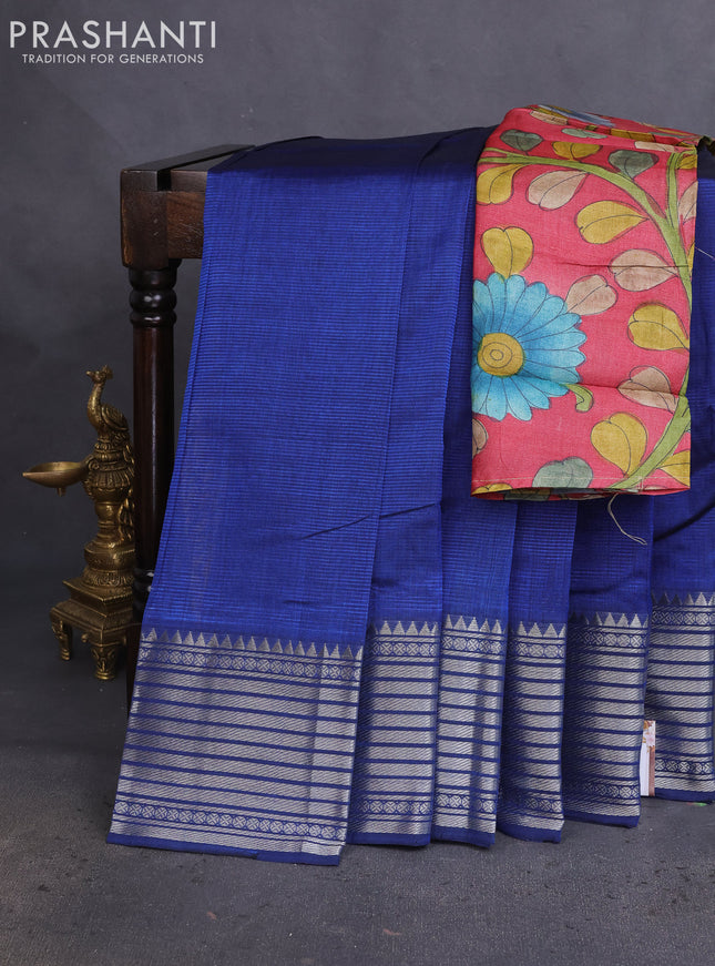Mangalgiri silk cotton saree blue and maroon with plain body and silver zari woven border