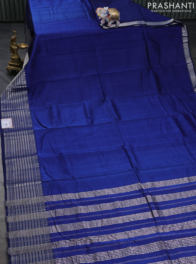 Mangalgiri silk cotton saree blue and maroon with plain body and silver zari woven border