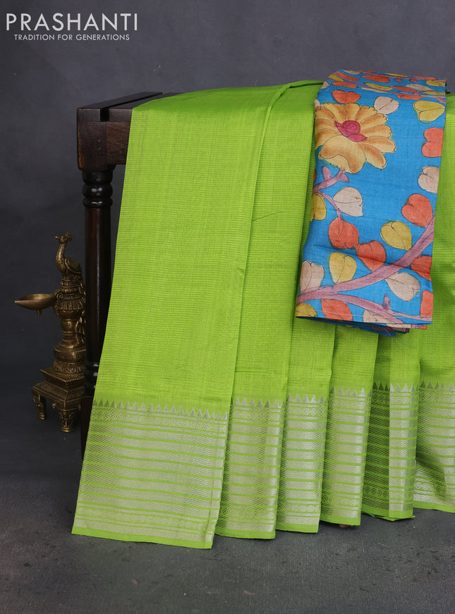 Mangalgiri silk cotton saree light green and blue shade with plain body and silver zari woven border