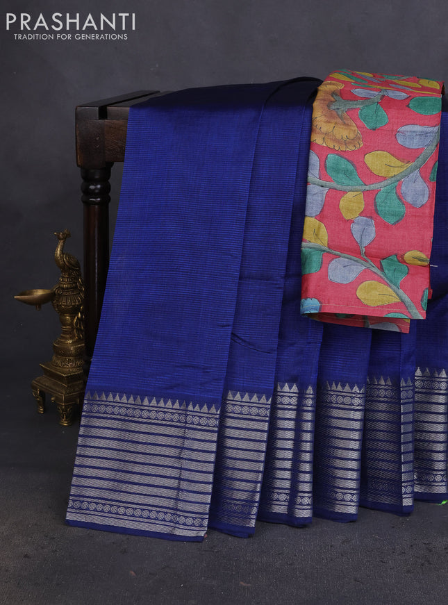 Mangalgiri silk cotton saree blue and pink shade with plain body and silver zari woven border
