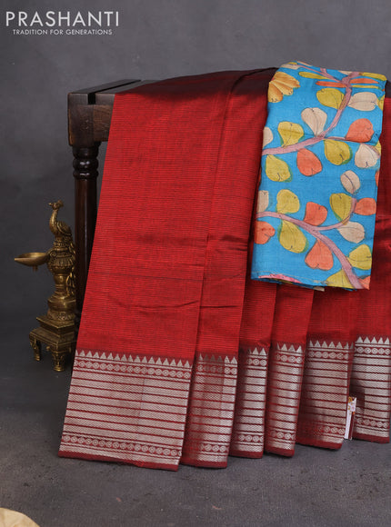 Mangalgiri silk cotton saree maroon and cs blue with plain body and silver zari woven border