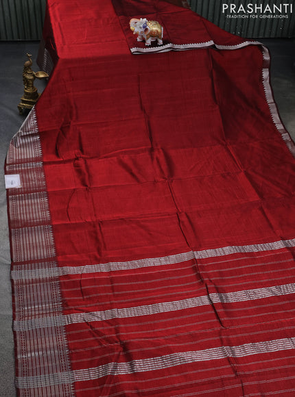 Mangalgiri silk cotton saree maroon and cs blue with plain body and silver zari woven border