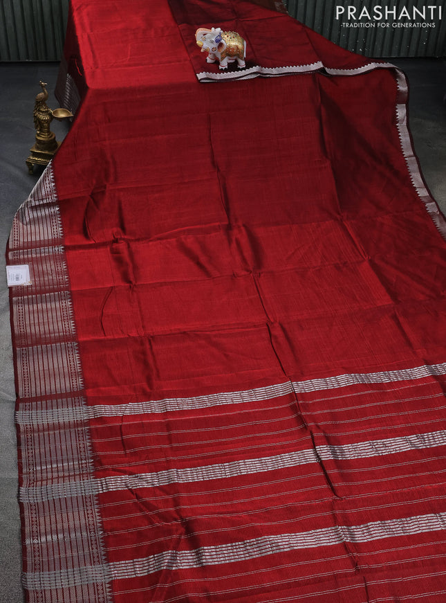Mangalgiri silk cotton saree maroon and cs blue with plain body and silver zari woven border