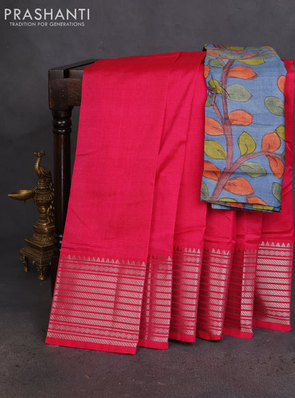 Mangalgiri silk cotton saree pink and greyis blue with plain body and silver zari woven border