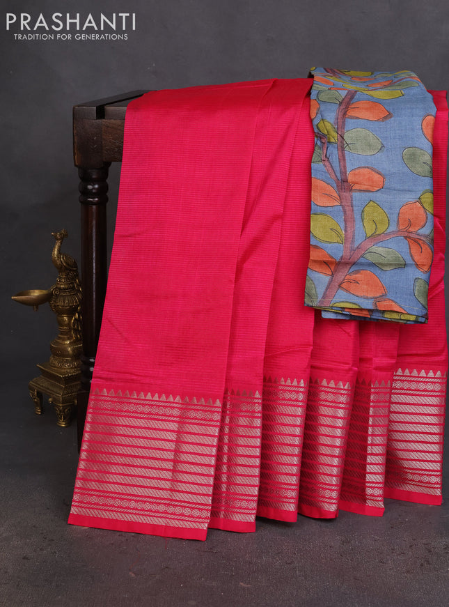 Mangalgiri silk cotton saree pink and greyis blue with plain body and silver zari woven border