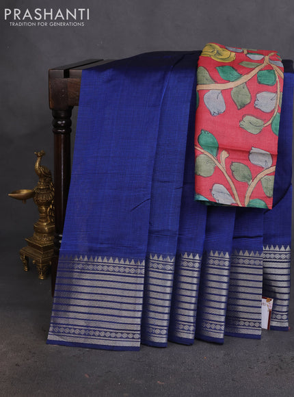 Mangalgiri silk cotton saree blue and maroon with plain body and silver zari woven border