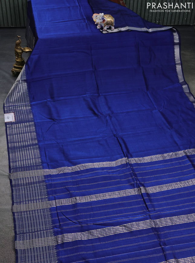 Mangalgiri silk cotton saree blue and maroon with plain body and silver zari woven border