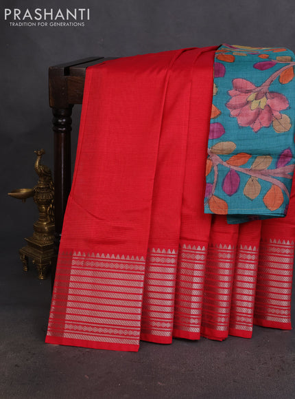 Mangalgiri silk cotton saree reddish pink and teal green with plain body and silver zari woven border