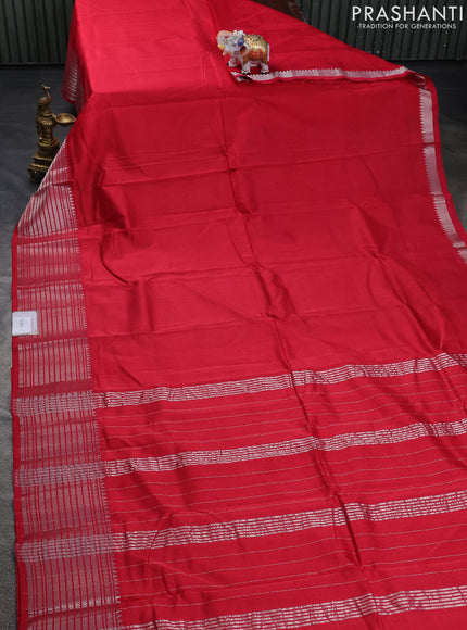 Mangalgiri silk cotton saree reddish pink and teal green with plain body and silver zari woven border