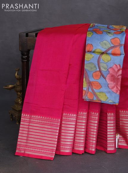Mangalgiri silk cotton saree pink and blue shade with plain body and silver zari woven border