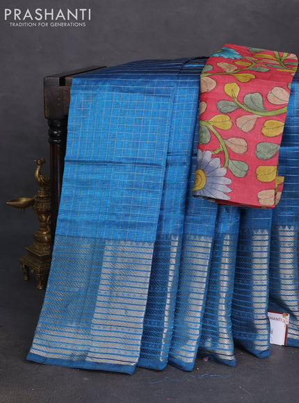 Mangalgiri silk cotton saree cs blue and maroon with allover silver zari checks and silver zari woven border