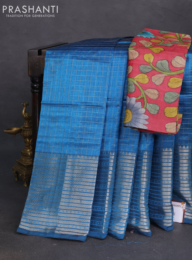 Mangalgiri silk cotton saree cs blue and maroon with allover silver zari checks and silver zari woven border