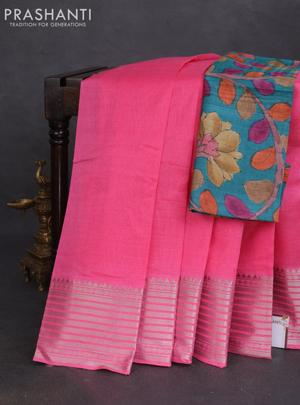 Mangalgiri silk cotton saree candy pink and teal green with plain body and silver zari woven border