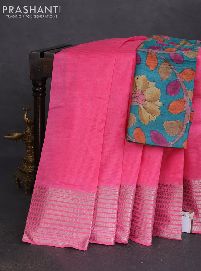 Mangalgiri silk cotton saree candy pink and teal green with plain body and silver zari woven border