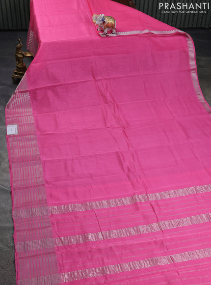 Mangalgiri silk cotton saree candy pink and teal green with plain body and silver zari woven border