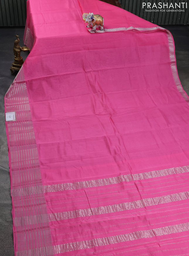 Mangalgiri silk cotton saree candy pink and teal green with plain body and silver zari woven border