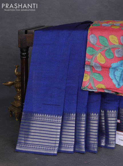 Mangalgiri silk cotton saree blue and maroon with plain body and silver zari woven border
