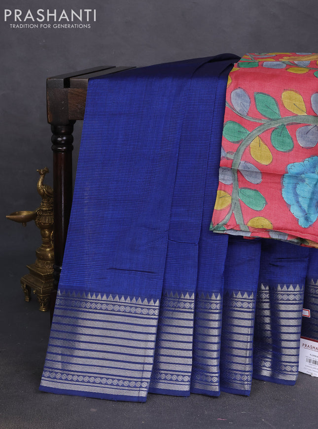 Mangalgiri silk cotton saree blue and maroon with plain body and silver zari woven border