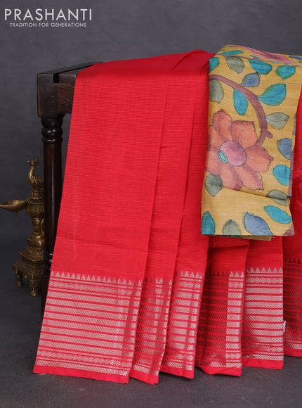 Mangalgiri silk cotton saree reddish pink and mustard yellow with plain body and silver zari woven border