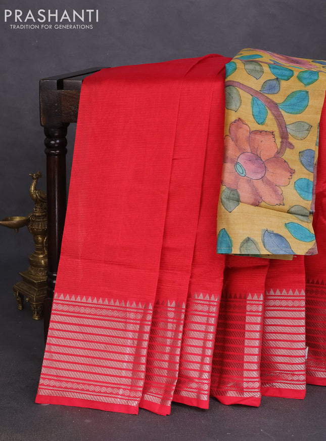 Mangalgiri silk cotton saree reddish pink and mustard yellow with plain body and silver zari woven border